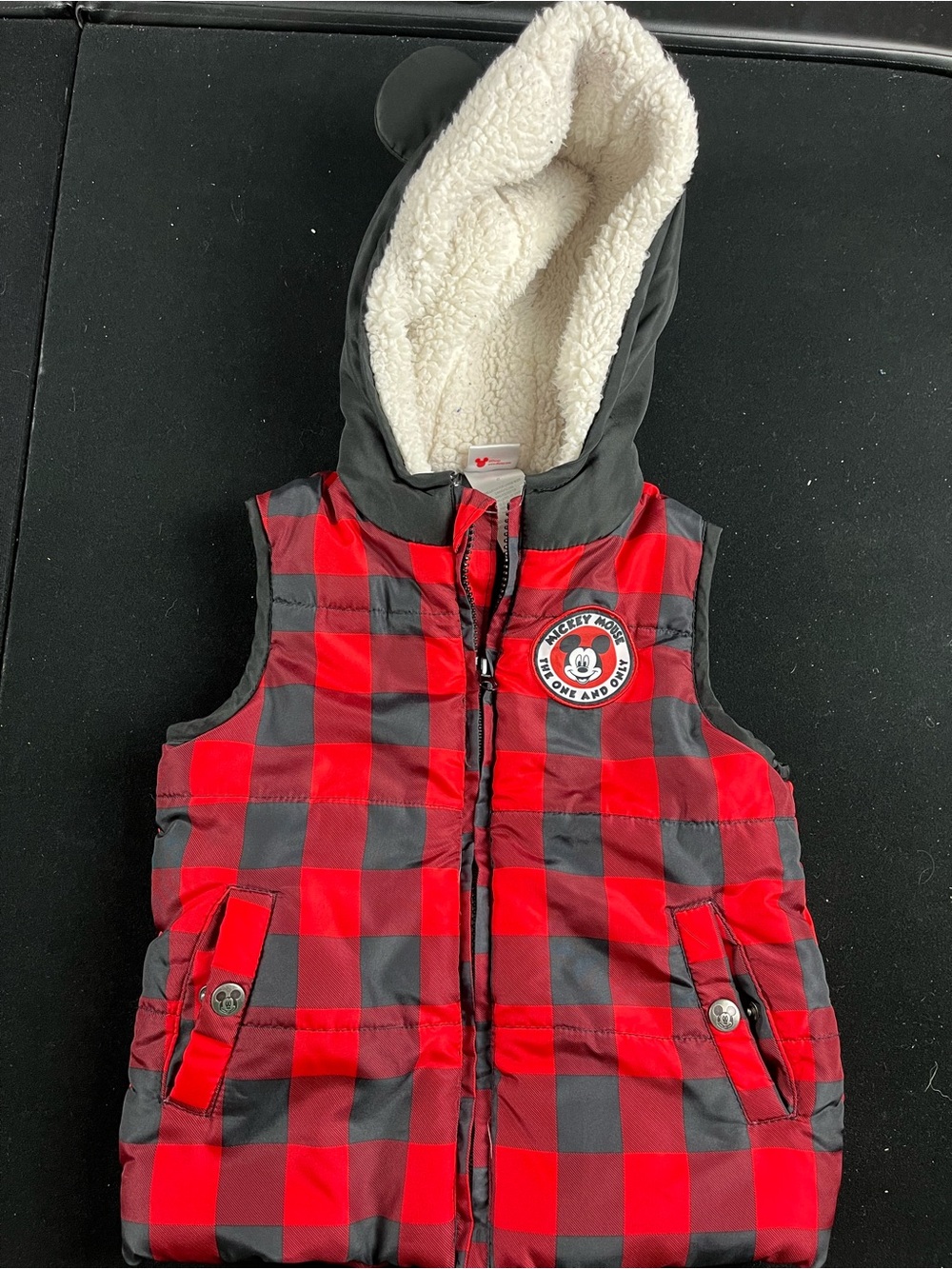 Mickey Mouse Kids Red and Black Buffalo Plaid Hooded Puffer Vest
